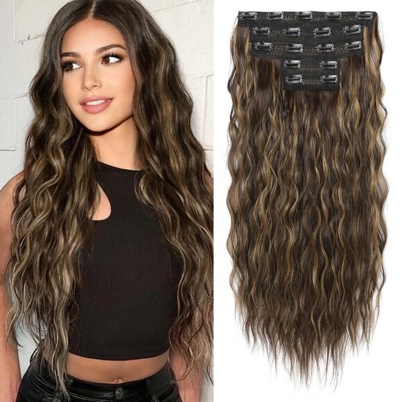 Clip in Hair Extensions, 5PCS Brown Hair Extensions 24" Thick Long Loose Waves h - Picture 1 of 8